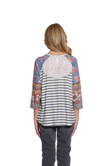 Multiples Mixed-Print Lace Detail Top (M35603TM)