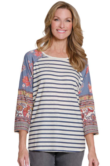 Multiples Mixed-Print Lace Detail Top (M35603TM)