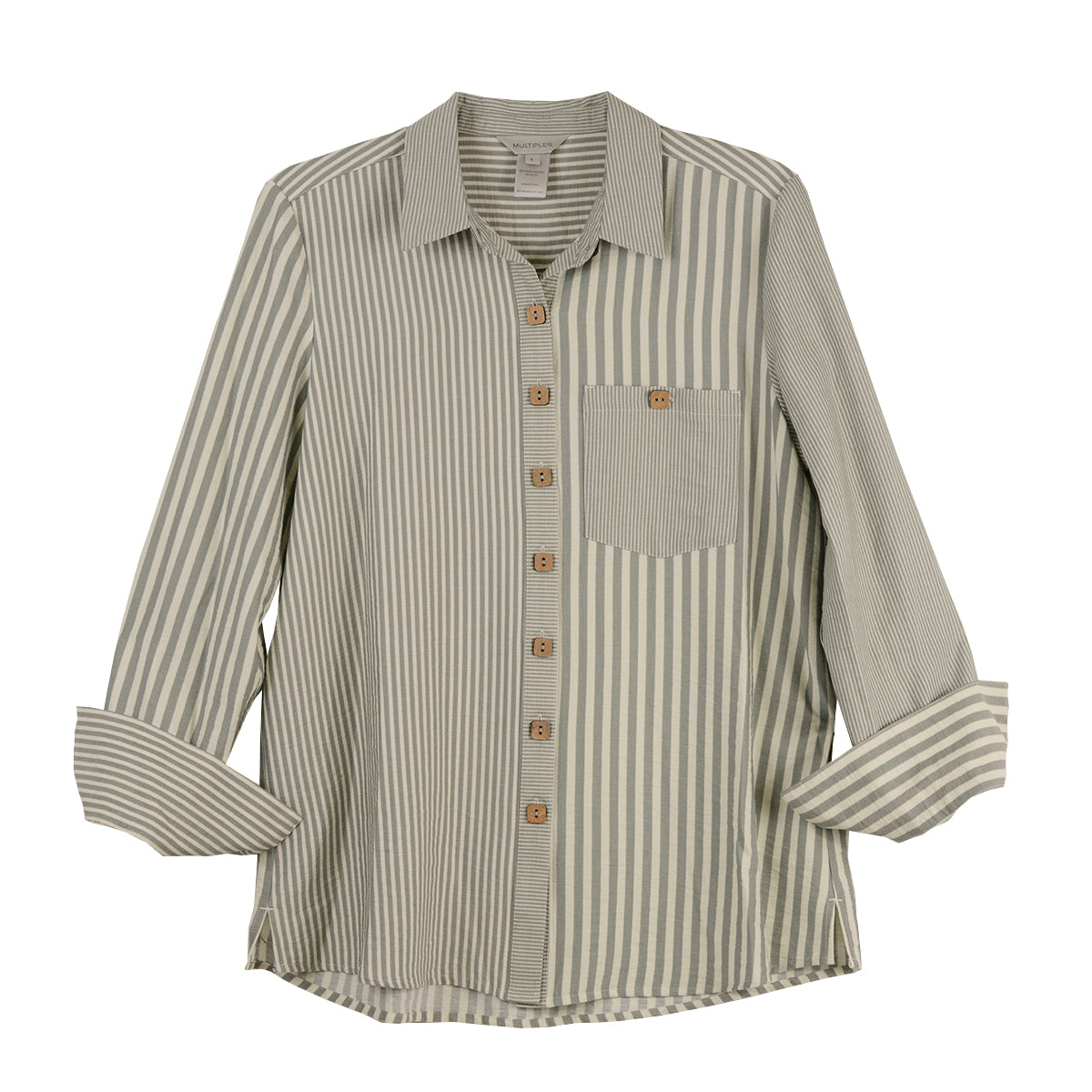 Multiples Sand Stone Stripe Turn Up Cuff Hi-Low Button Front Shirt (M35609BM)