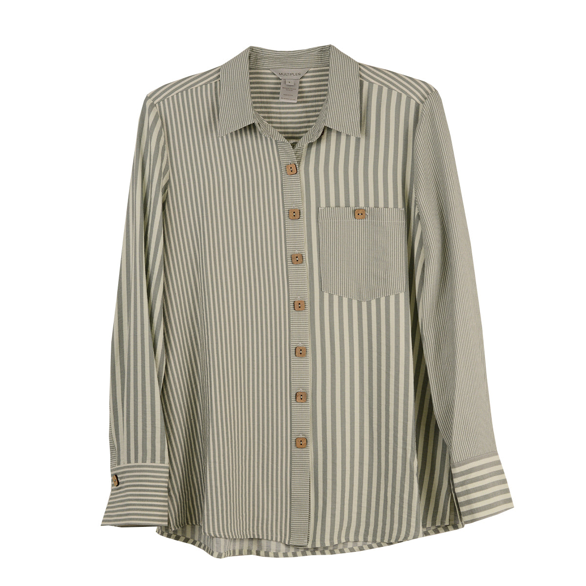 Multiples Sand Stone Stripe Turn Up Cuff Hi-Low Button Front Shirt (M35609BM)