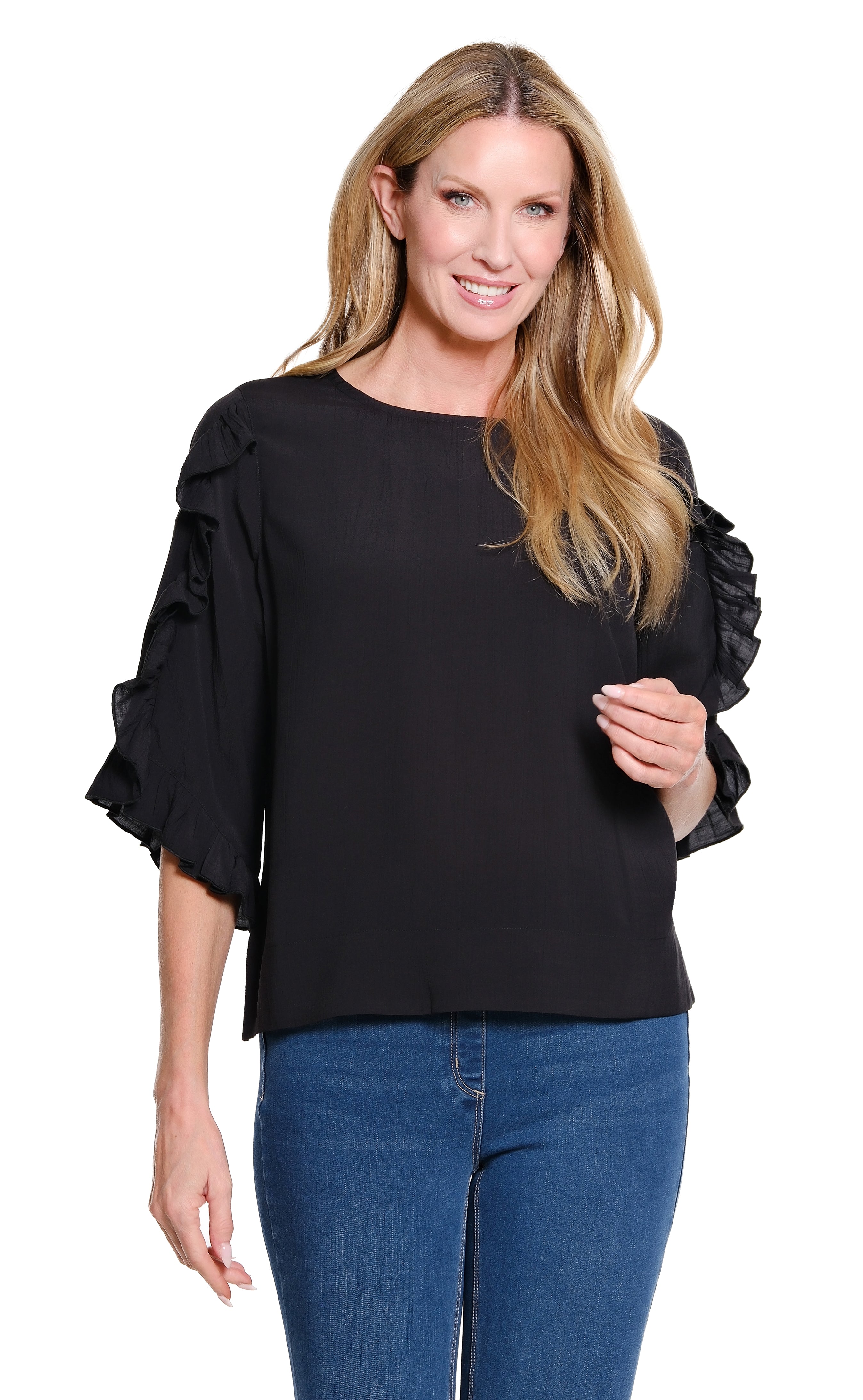Multiples Petite Scoop Neck Button Back 3/4 Ruffle Sleeve Woven Top (M36105TP)(Black)