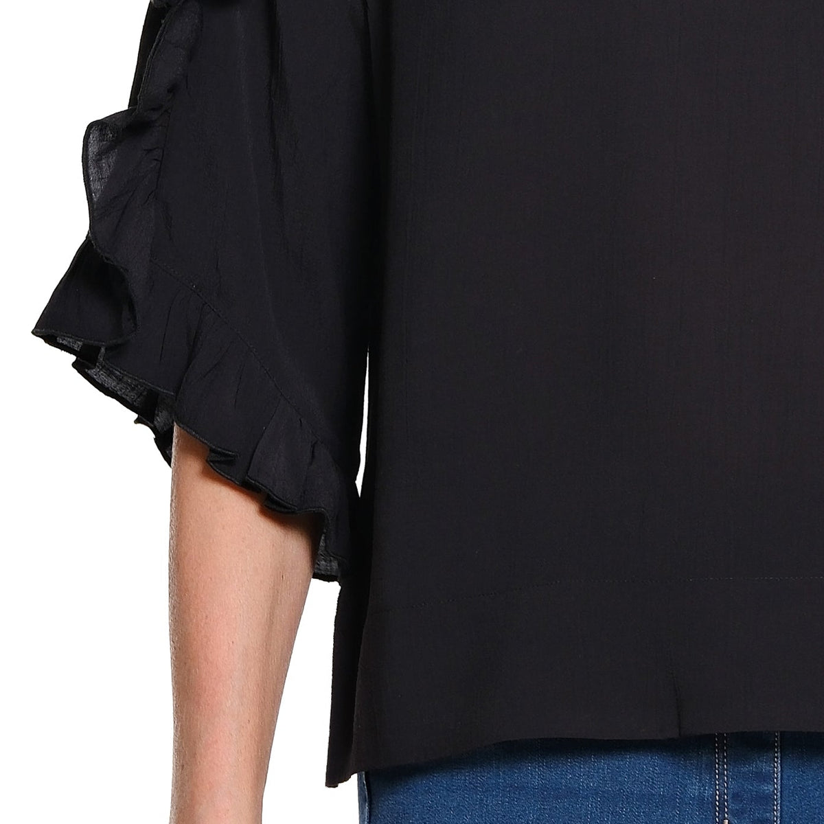 Multiples Scoop Neck Button Back 3/4 Ruffle Sleeve Woven Top (M36105TM)(Black)