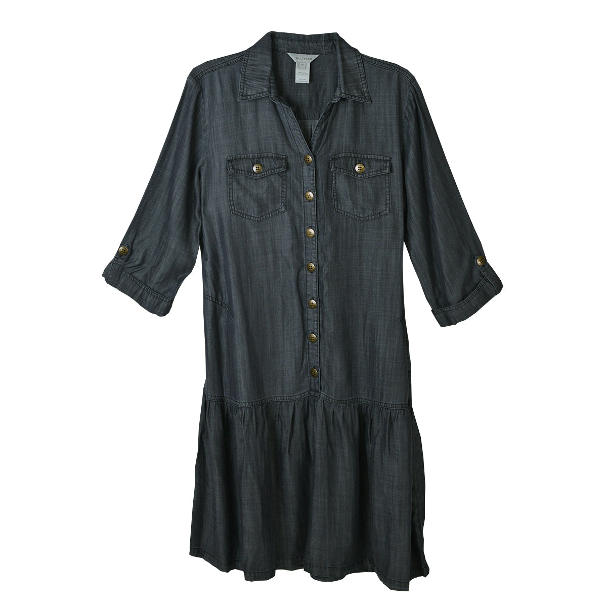 Multiples Tab 3/4 Sleeve Flounce Hem Dress (M36109DM) (Black Denim)