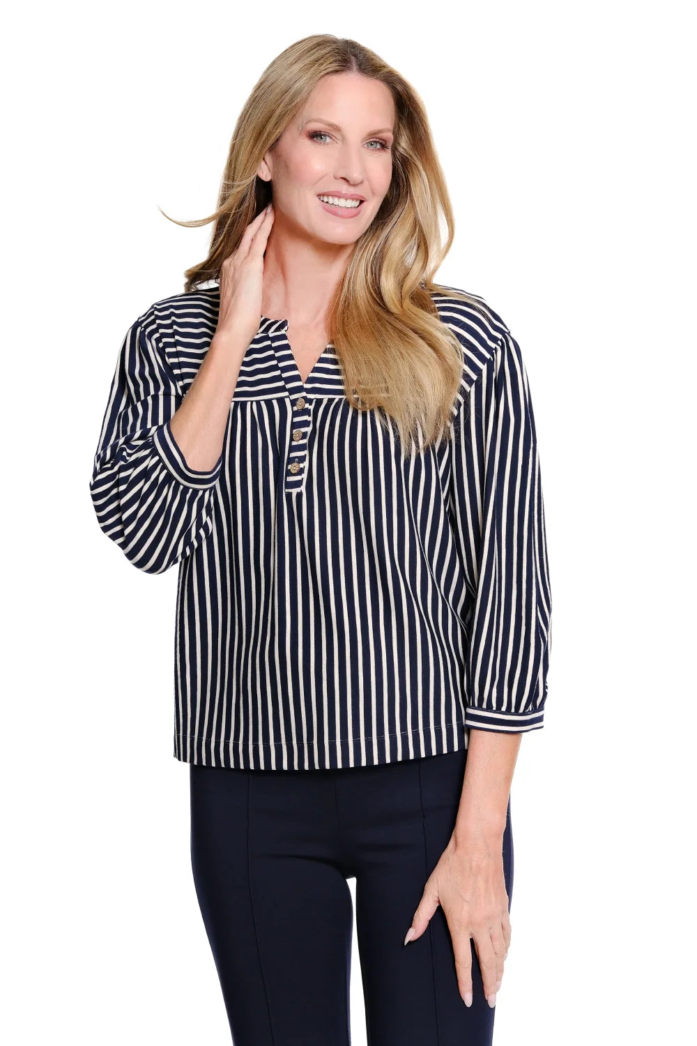 Multiples 3/4 Puff Sleeve Band Collar Knit Top (M36203TM)(2 Colors)