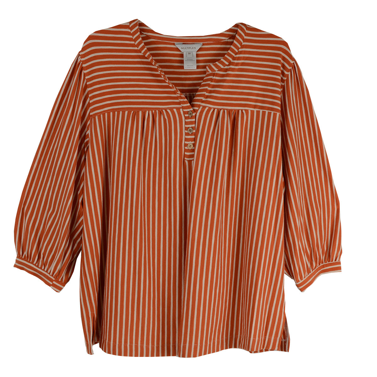 Multiples Plus  3/4 Puff Sleeve Band Collar Knit Top (M36203TW)(Tabacco)