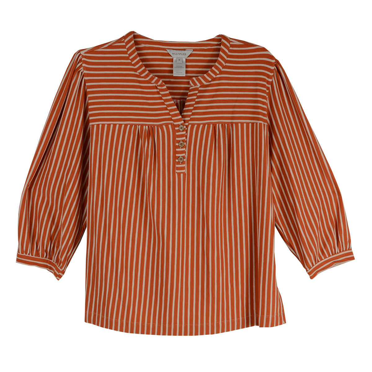 Multiples 3/4 Puff Sleeve Band Collar Knit Top (M36203TM)(2 Colors)