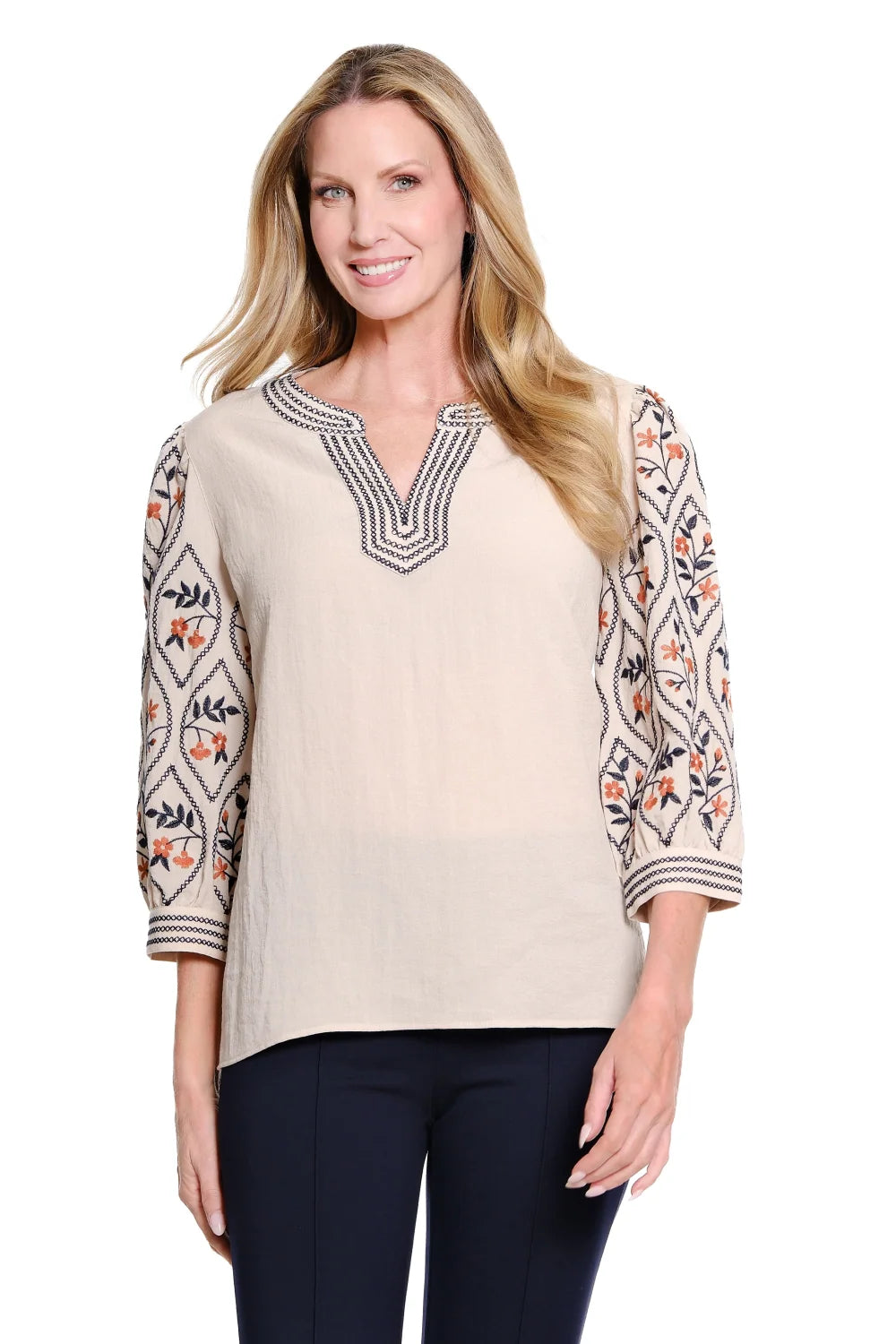 Multiples Petite Puff Sleeve Embroidered Crinkle Woven Top (M36206TP)(Multi)