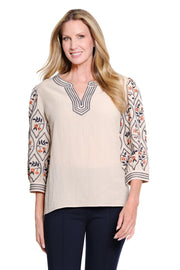 Multiples Petite Puff Sleeve Embroidered Crinkle Woven Top (M36206TP)(Multi)