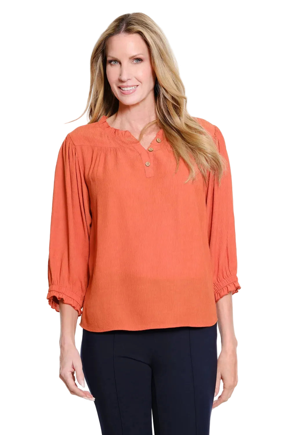 Multiples 3/4 Faux Button Front Ruffle Neck Crinkle Pop-over Top (M36208TM)(Tobacco)