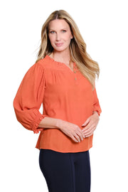 Multiples Petite 3/4 Faux Button Front Ruffle Neck Crinkle Top (M36208TP)(Tobacco)