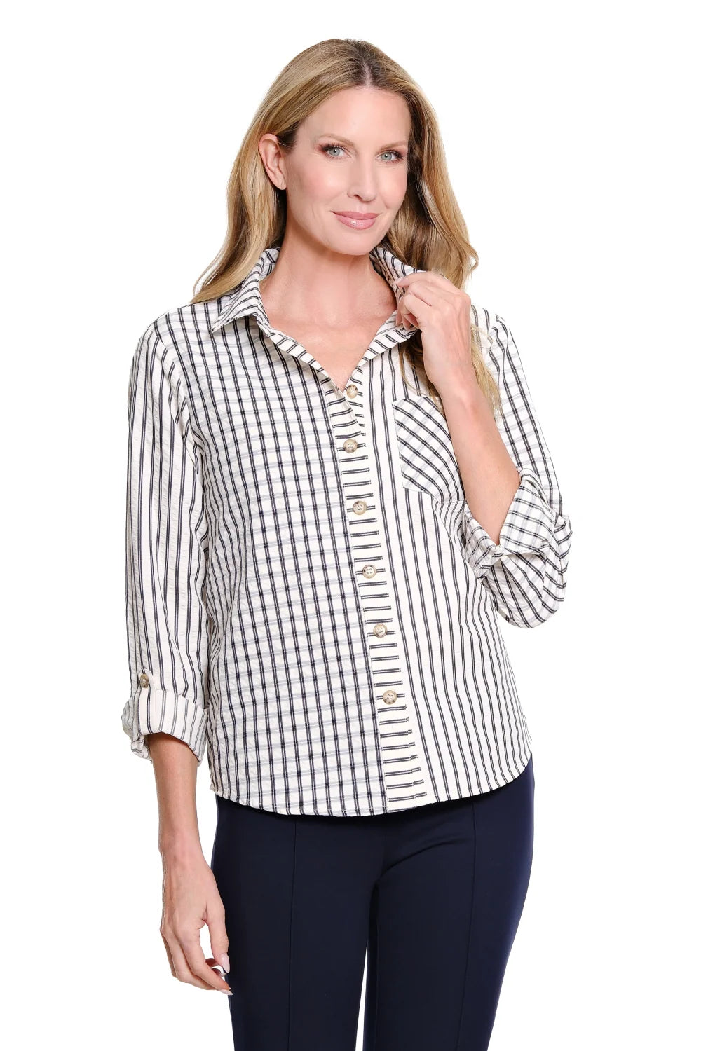 Multiples Roll Tab Plaid and Stripe Woven Shirt (M36209TM)(2 Colors)