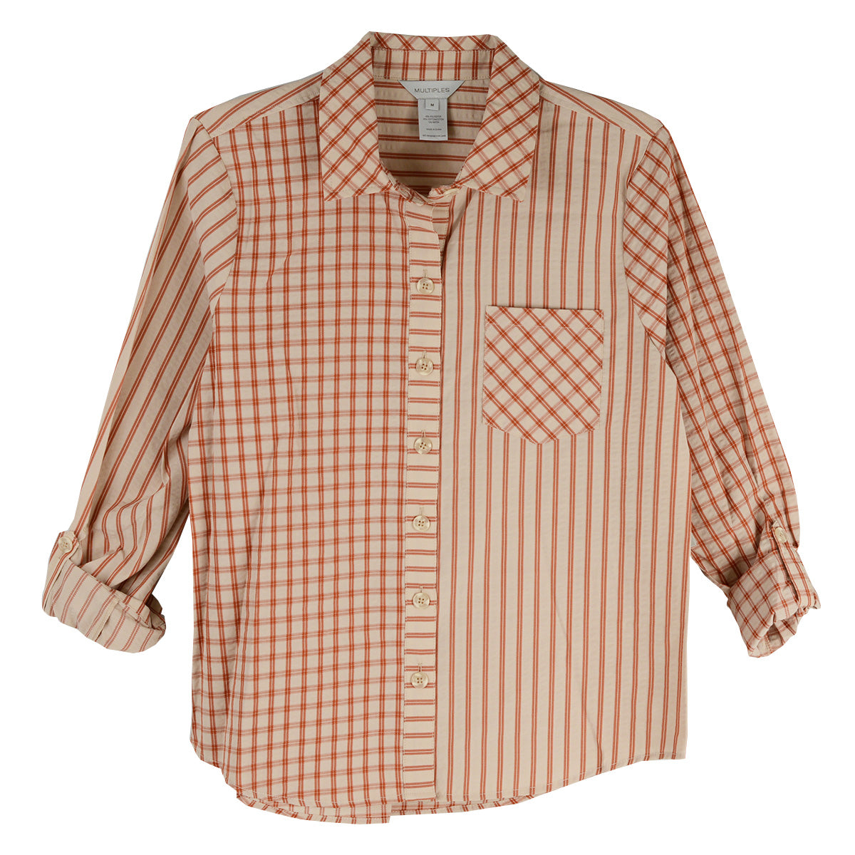 Multiples Plus Roll Tab Plaid and Stripe Woven Shirt (M36209BW)(Tobacco)