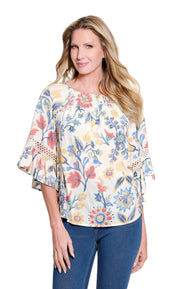 Multiples Petite 3/4 Flounce Raglan Sleeve Elastic Neck Woven Top (M36303TP)