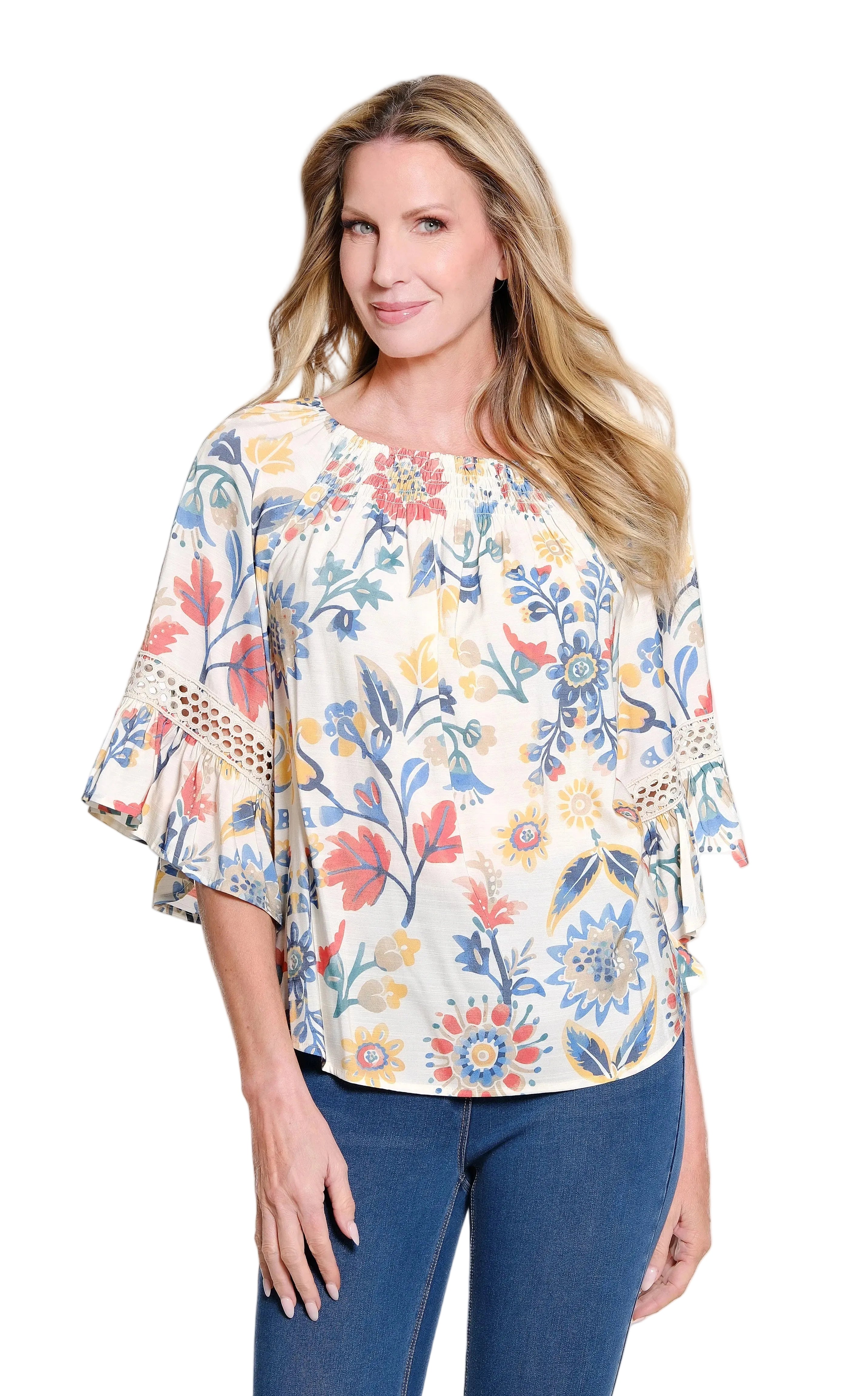 Multiples Petite 3/4 Flounce Raglan Sleeve Elastic Neck Woven Top (M36303TP)