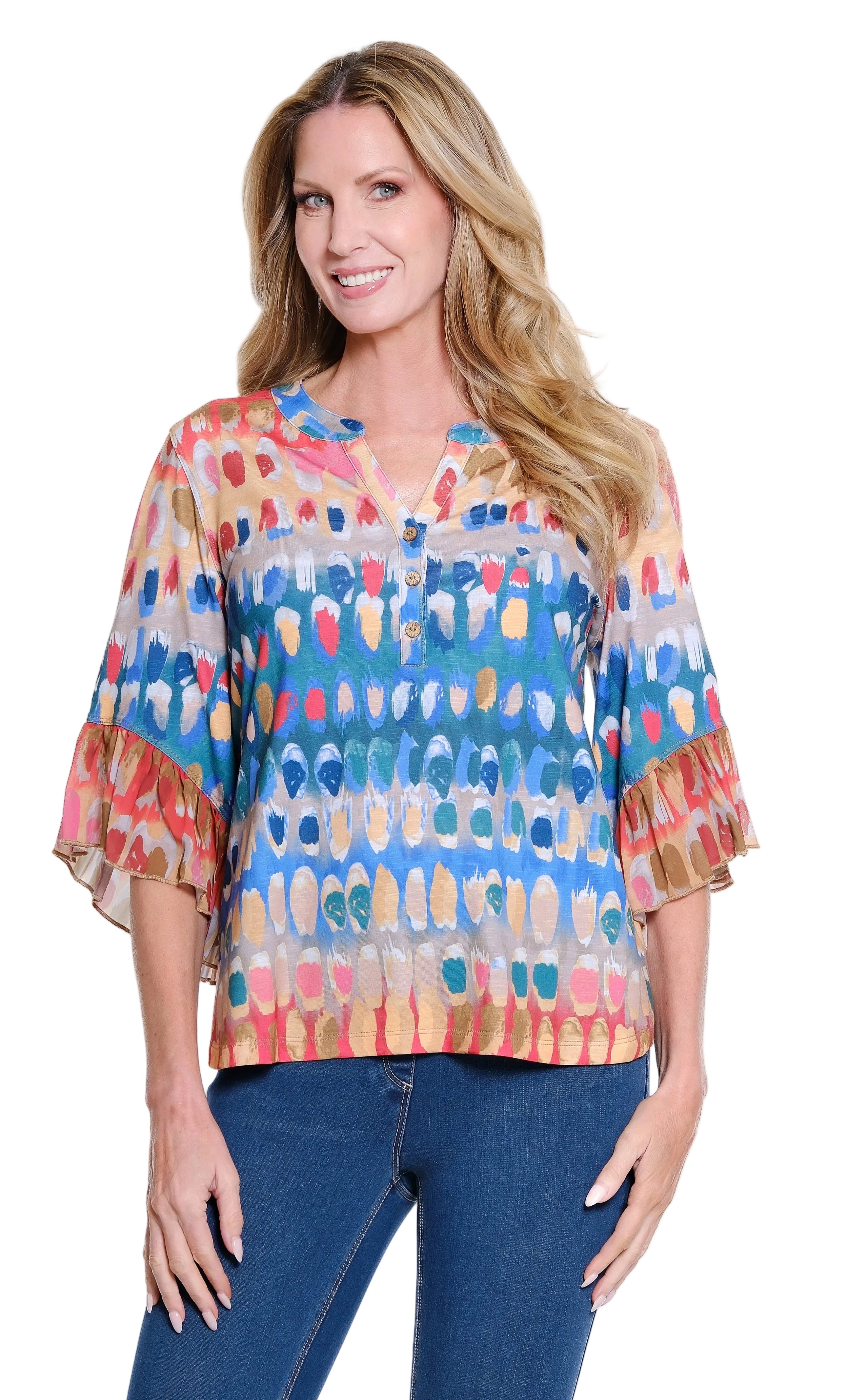 Multiples Petite 3/4 sleeve Elbow Flounce Sleeve Band Collar Top (M36310TP)