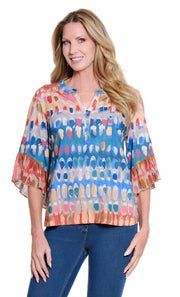 Multiples 3/4 sleeve Elbow Flounce Sleeve Band Collar Top (M36310TM)