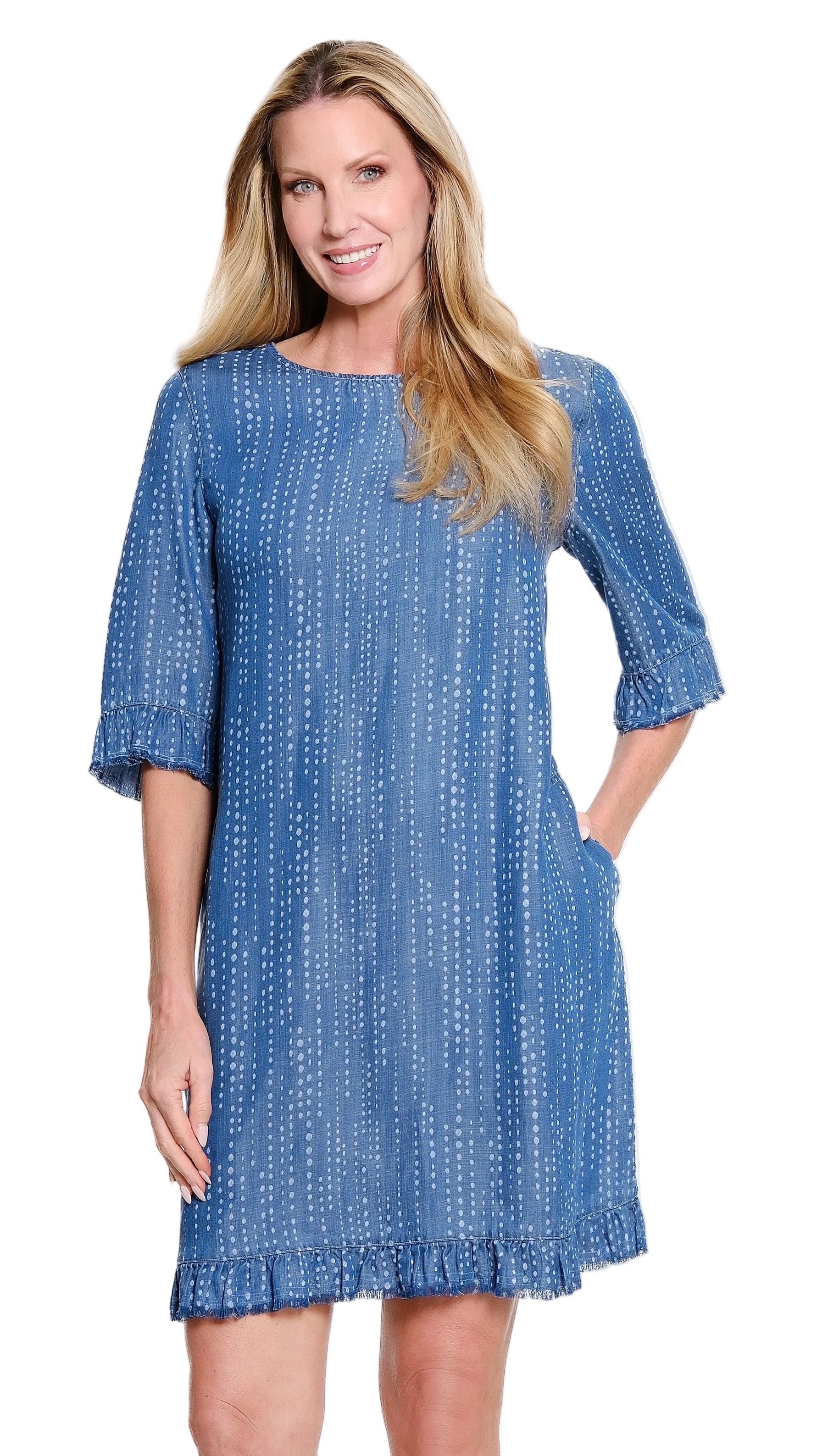 Multiples Petite  Elbow Sleeve Button Back Ruffle Hem Dress (M36311DP)