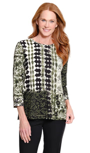 Multiples Petite Scoop Neck Knit Border Print 3/4 Sleeve Popover Top (M36411TM) (Multi)
