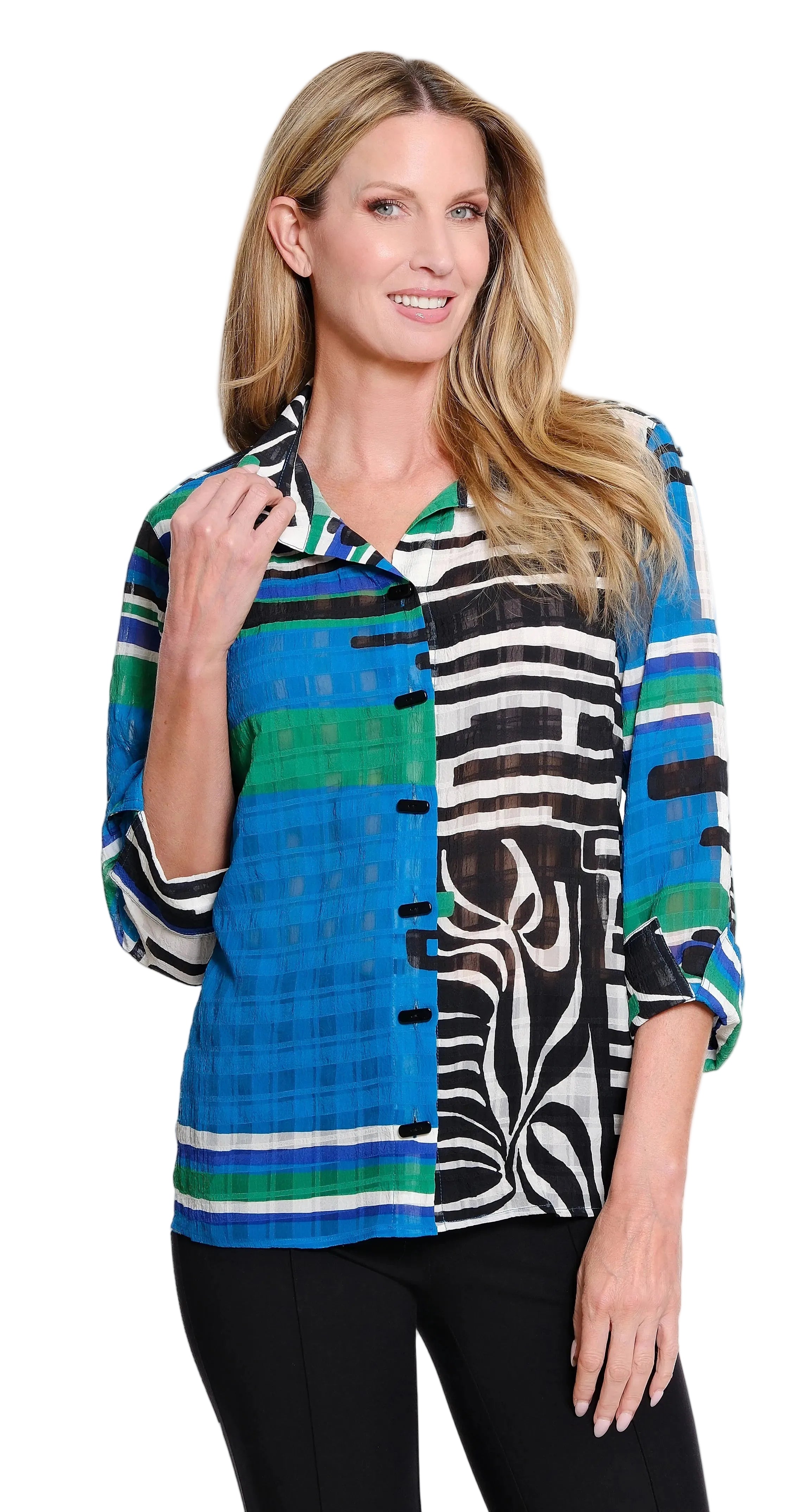 Multiples Turn Up Cuff 3/4 Sleeve Woven Tunic (M36606BM) (Multi)