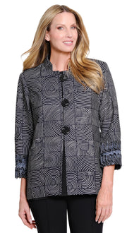 Multiples Petite 3/4 Sleeve Stand Collar Button Closure Lined Jacket (M36607JP) (Black Print)