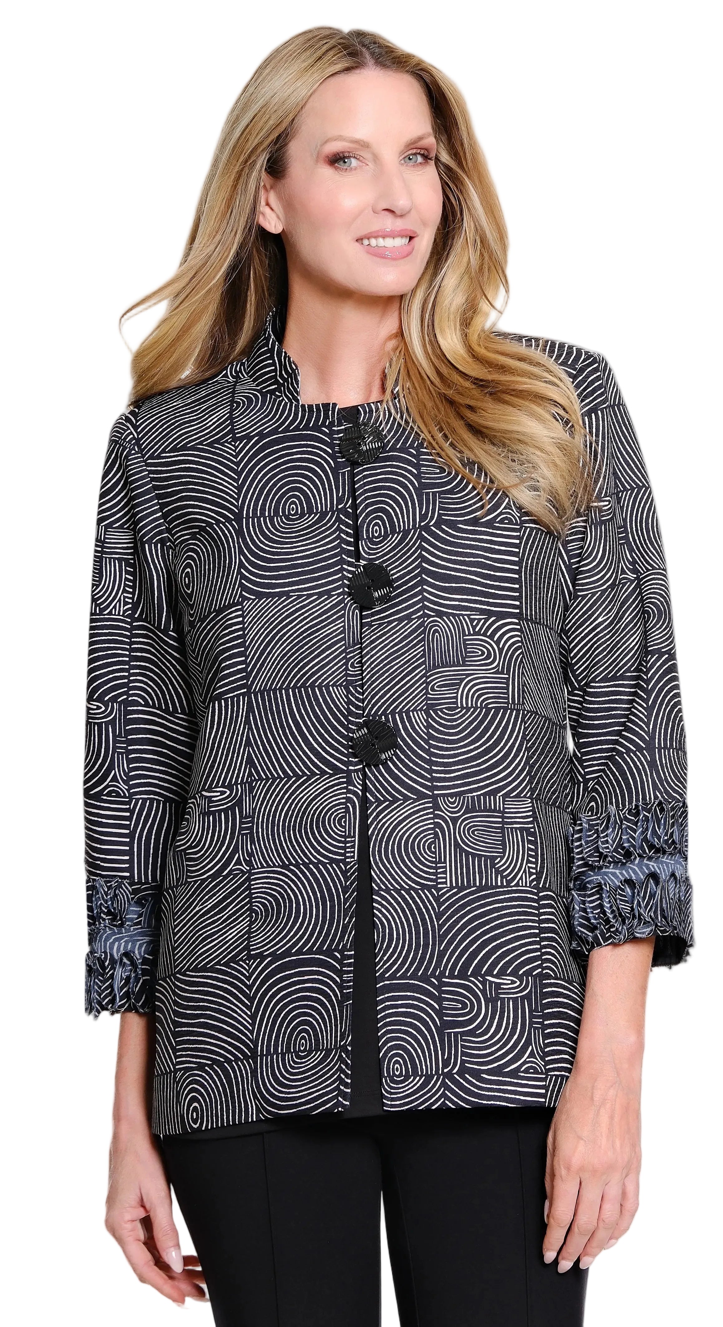 Multiples Petite 3/4 Sleeve Stand Collar Button Closure Lined Jacket (M36607JP) (Black Print)