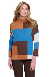 Multiples Knit 3/4 Sleeve Drop Shoulder Loose Mock Neck Sweater Top (M46607KM) (Multi)