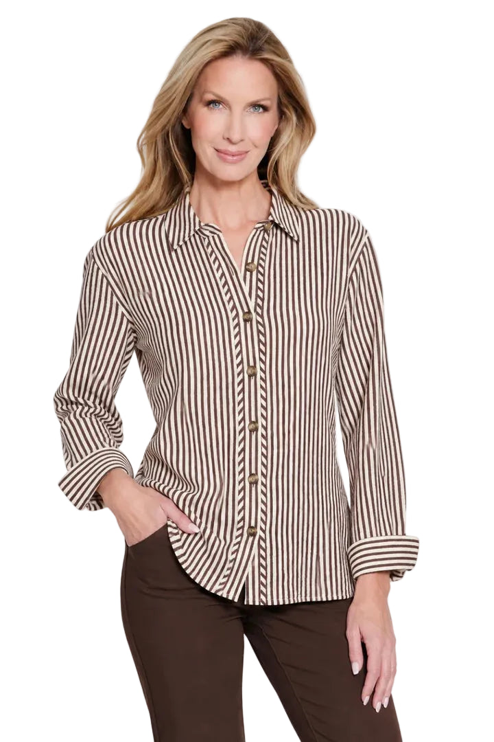 Multiples Woven One Button Cuff Long Sleeve Button Front Hi-lo Shirt (M46611BM) ( Deep Brown)