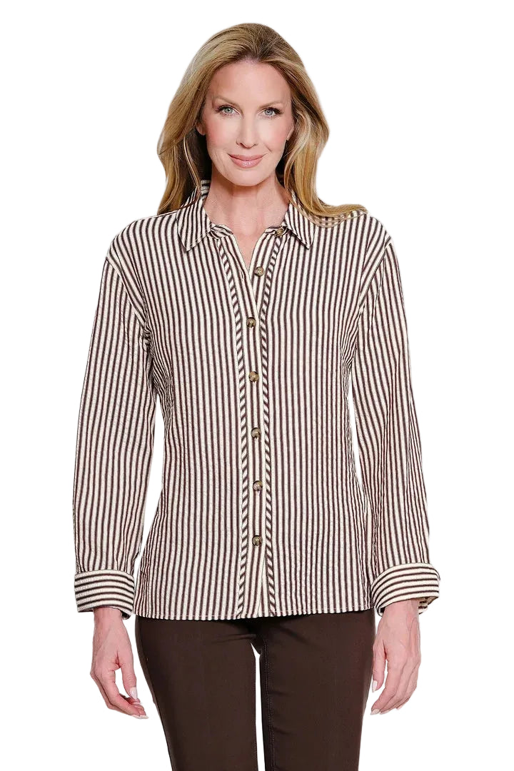 Multiples Petite  Woven One Button Cuff Long Sleeve Button Front Hi-lo Shirt (M46611BP) ( Deep Brown)