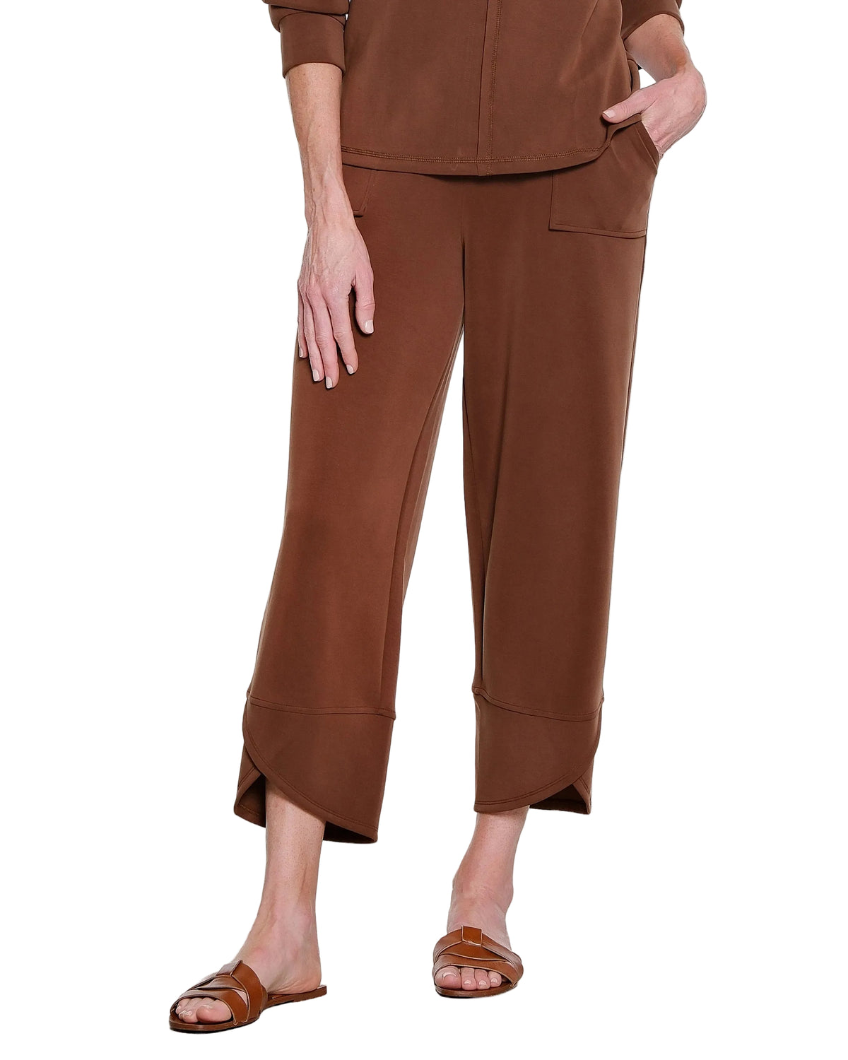 Multiples Missy Knit Elastic Waist Pull On Wide Leg Ankle Pant (M46704PM) (Coffee)