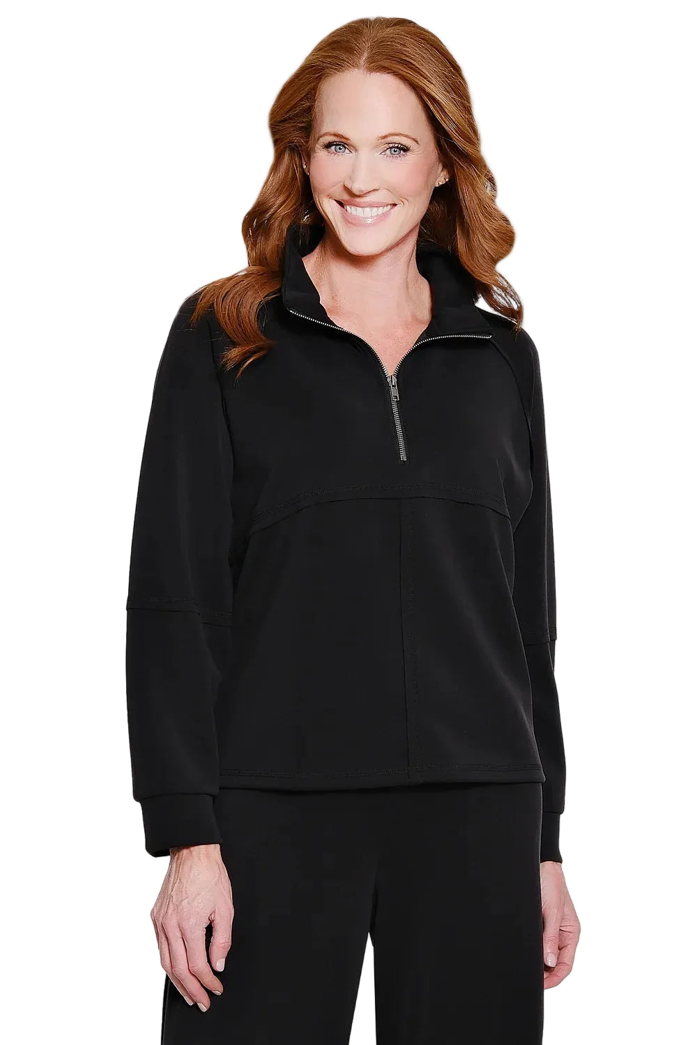 Multiples Misses Knit Cuffed Raglan Long Sleeve 1/4 Zip Front Mock Neck Top (M46705TM) (Black)