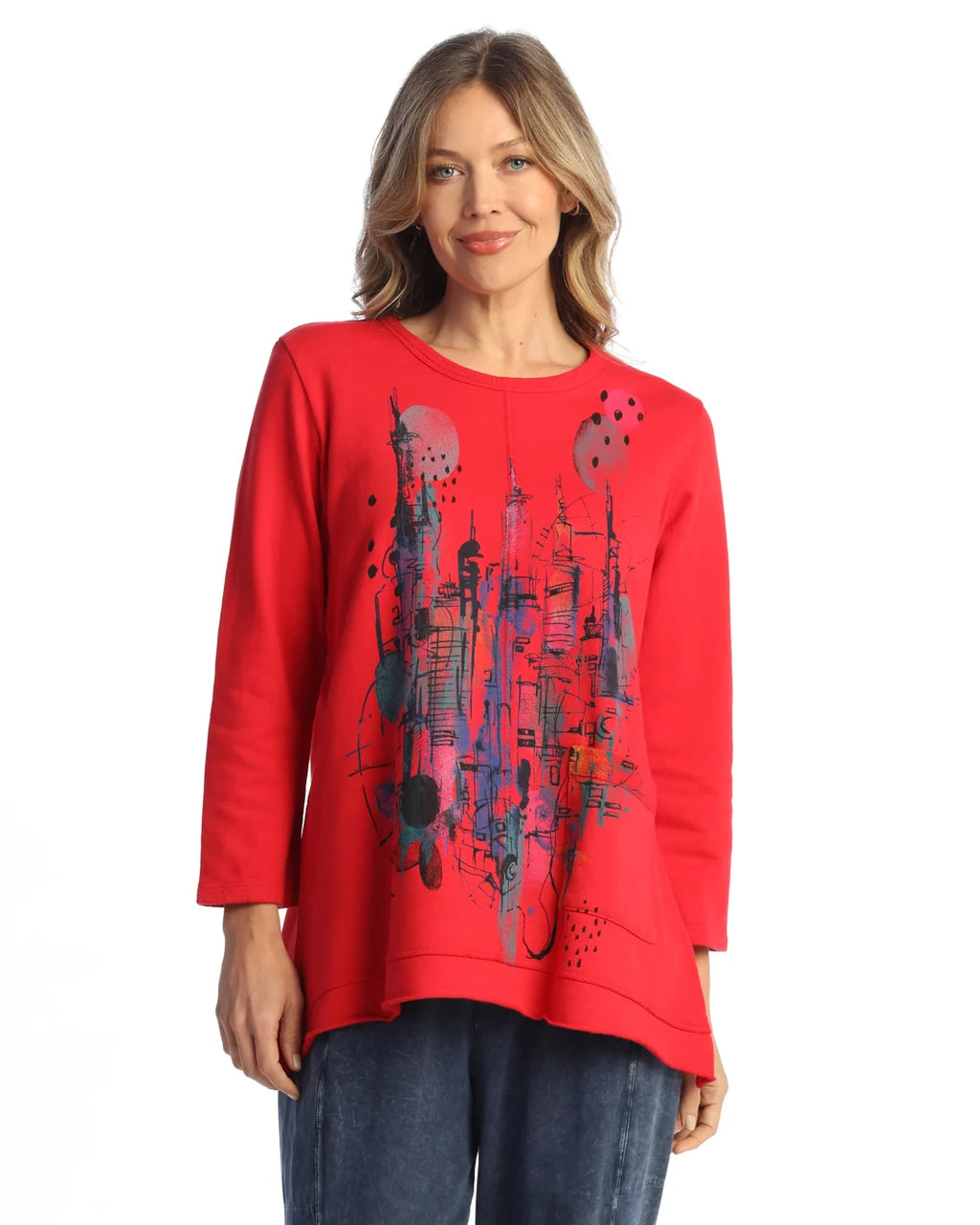 Jess & Jane Big Apple Mineral Wash Cotton Fleece Top with Patch Pocket (M88-2156)