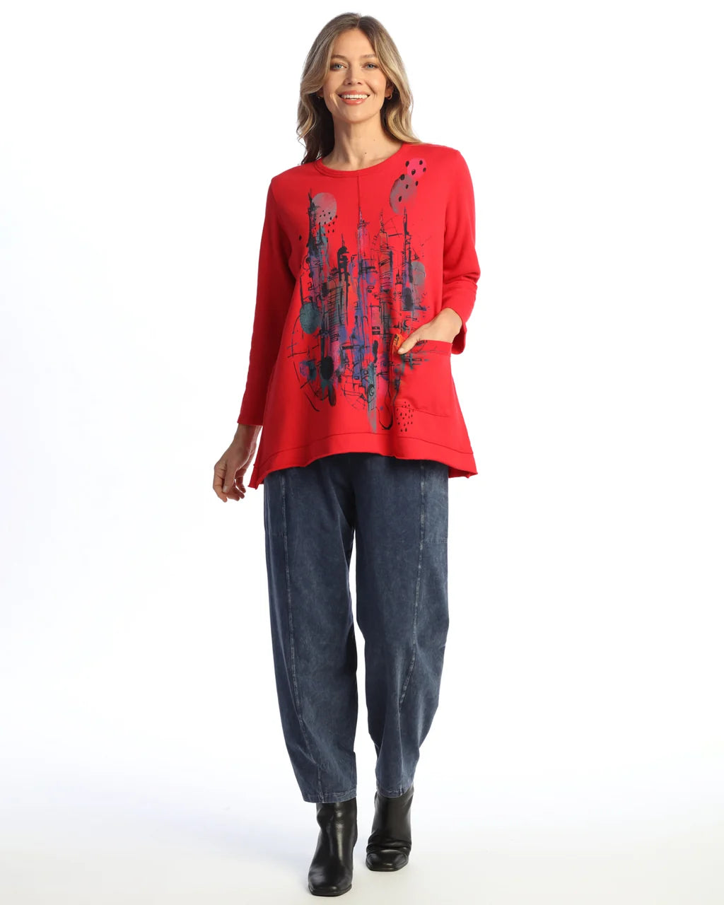 Jess & Jane Big Apple Mineral Wash Cotton Fleece Top with Patch Pocket (M88-2156)