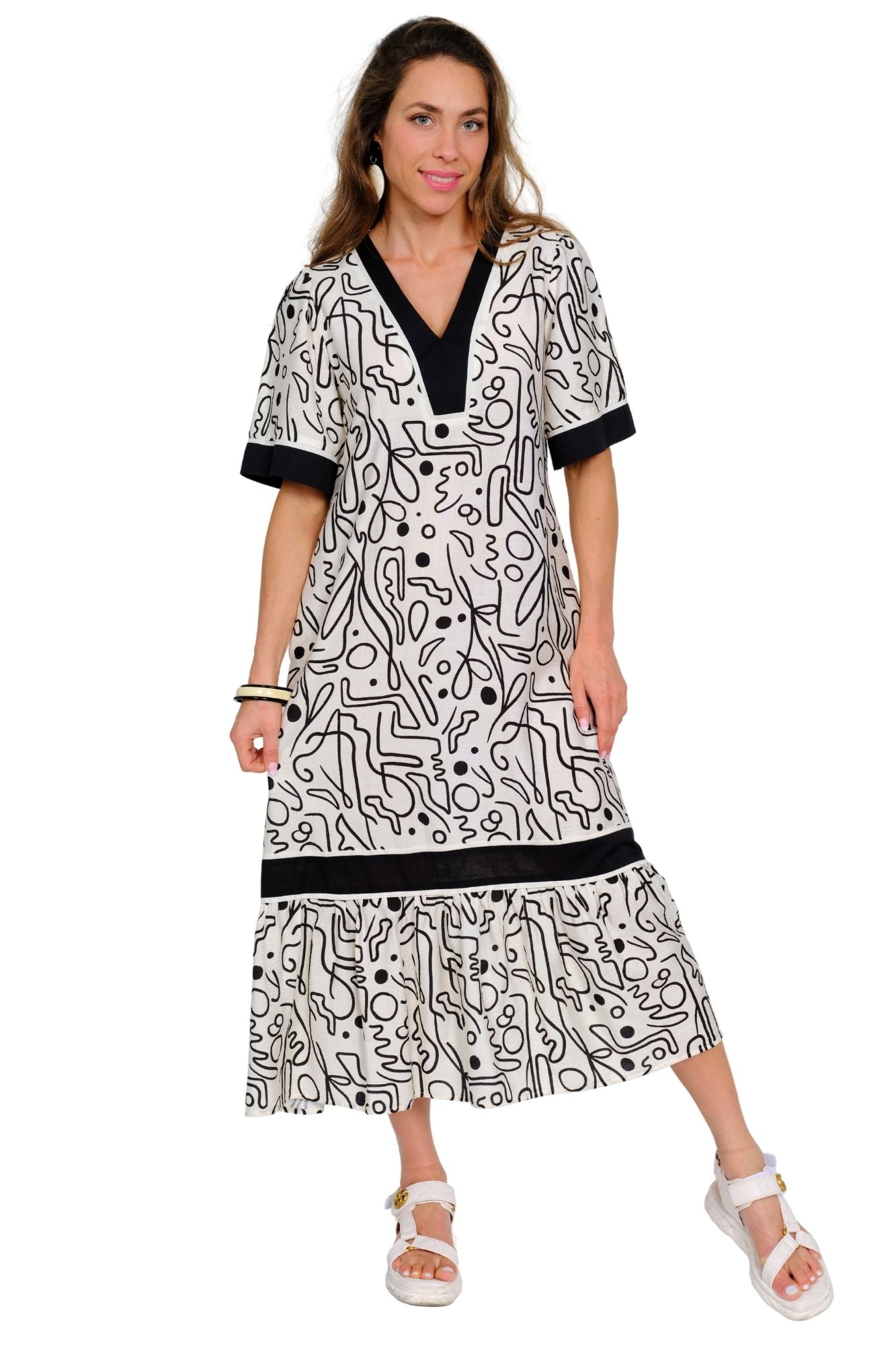 Lior Short Sleeve V-neck Long Dress (MARISOL-1-AR) (Black & White)