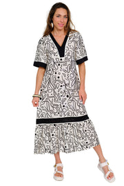 Lior Short Sleeve V-neck Long Dress (MARISOL-1-AR) (Black & White)