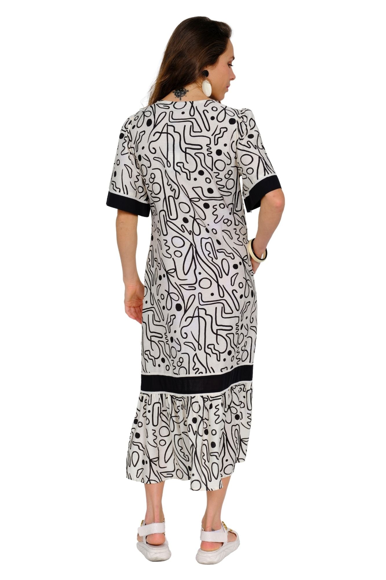 Lior Short Sleeve V-neck Long Dress (MARISOL-1-AR) (Black & White)