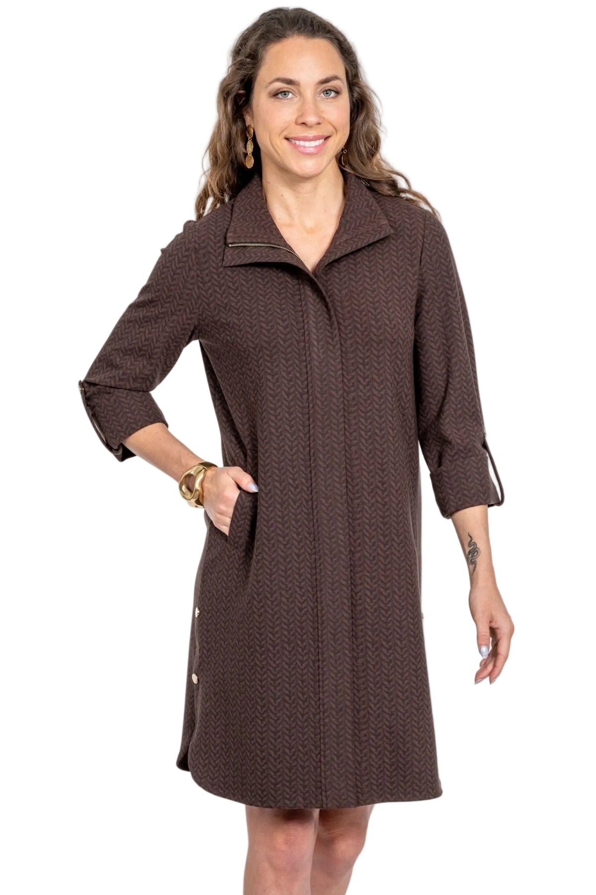 Lior Hidden Placket Zip Dress (Milo-3-AR) (Chocolate Herringbone)