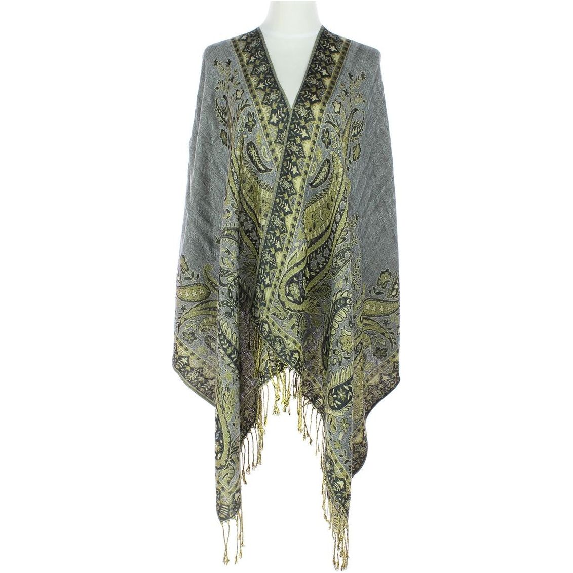 Paisley Grey Green  & Black Metallic Pashmina Scarf (PA038-17)