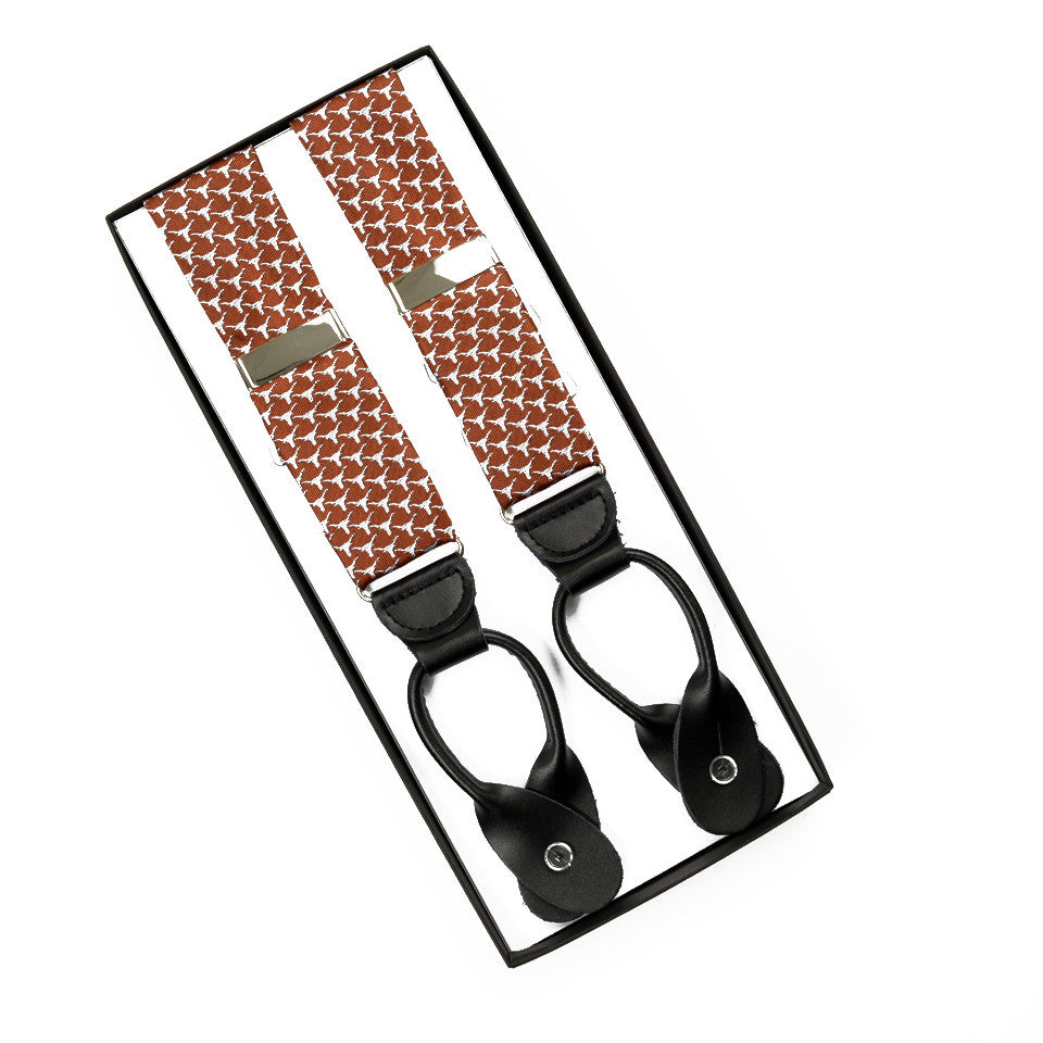 Burnt Orange Suspenders with Tiny Repeating Longhorn Logos in White and Black Button Attachments