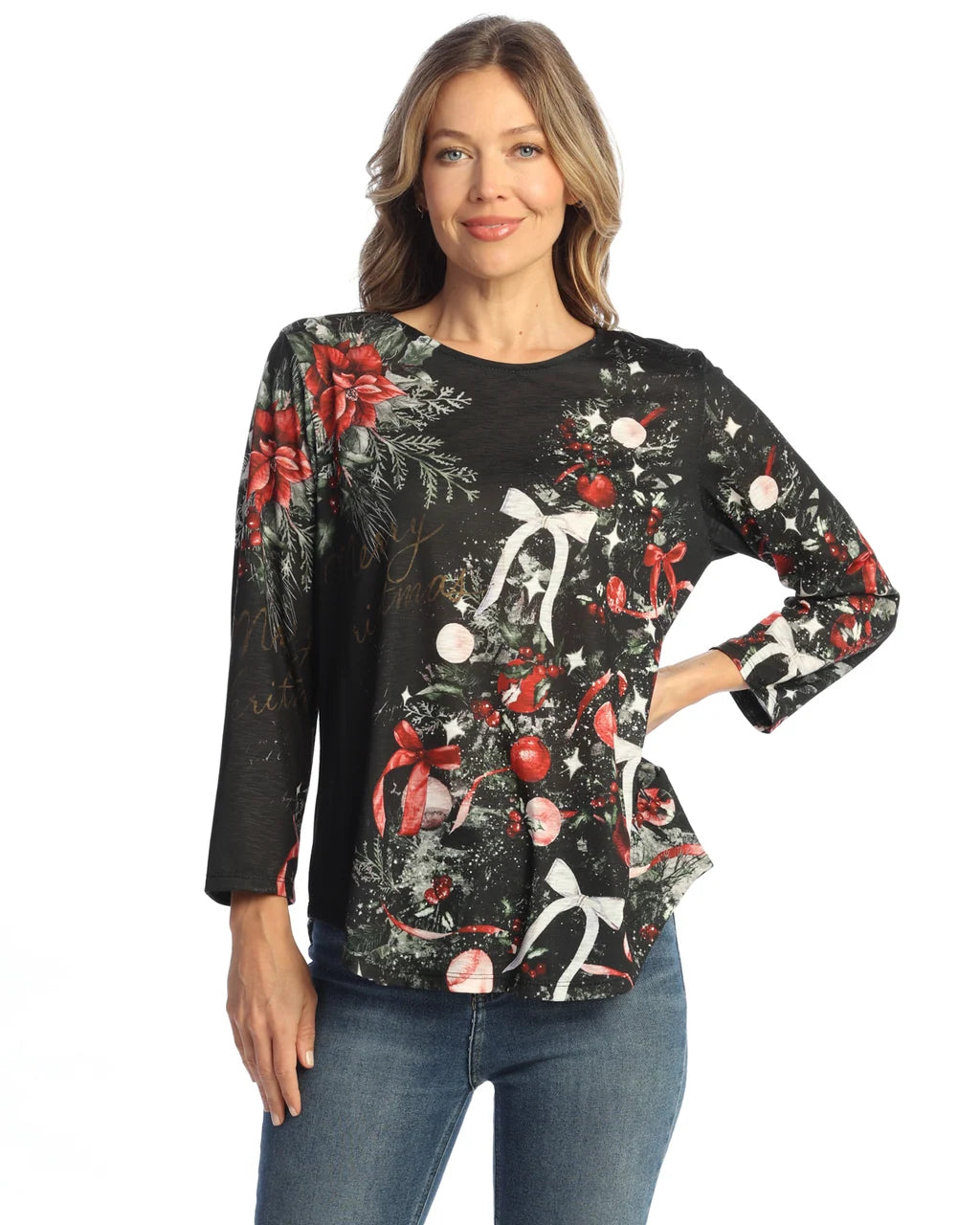 Jess & Jane Noel Poly Spandex 3/4 Sleeve Round Hem Top (PS8-2132)(Multi )