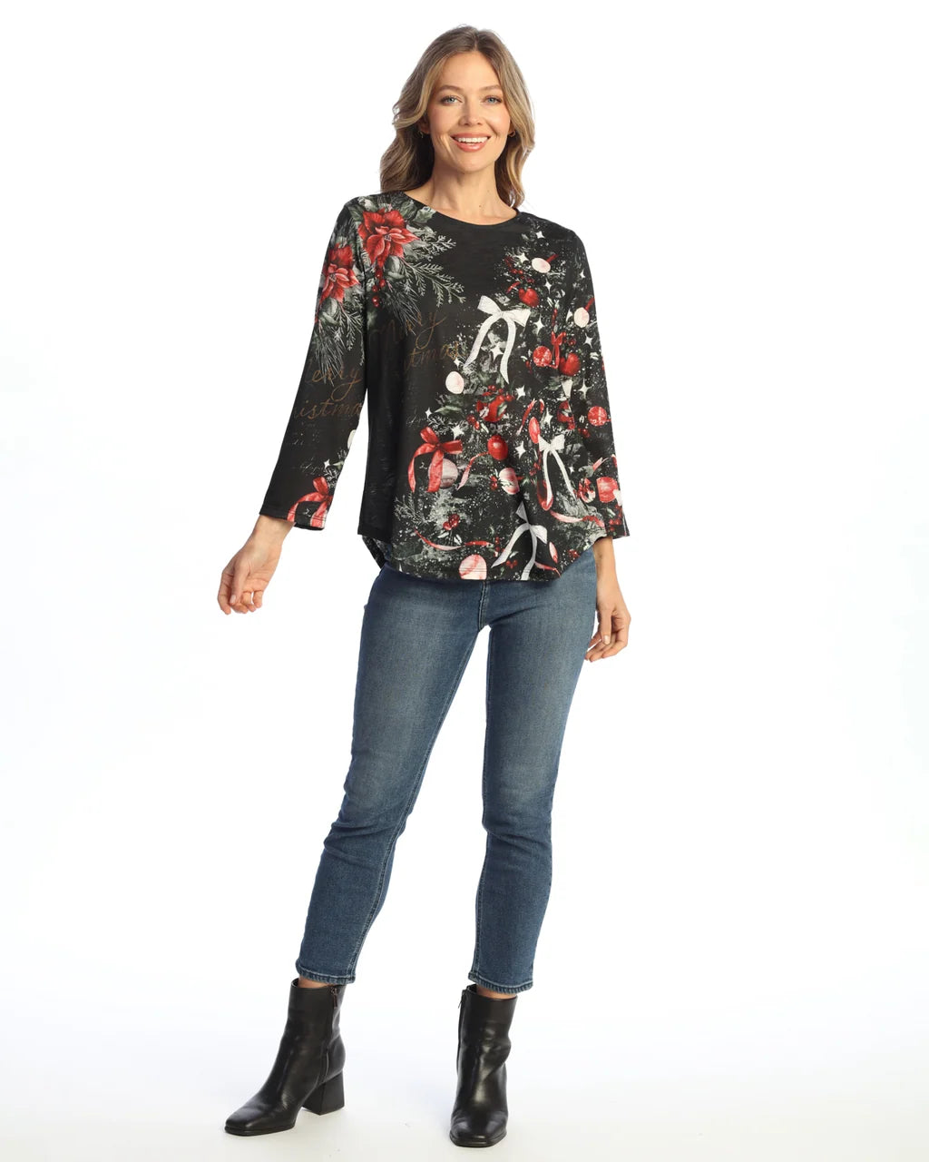 Jess & Jane Noel Poly Spandex 3/4 Sleeve Round Hem Top (PS8-2132)(Multi )