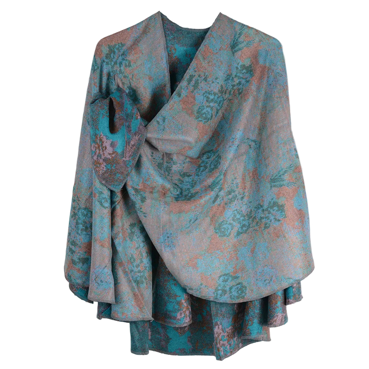 Rapti 100% Cashmere Reversible Loop Shawl (#87) ( Abstract Floral) (Turquoise)