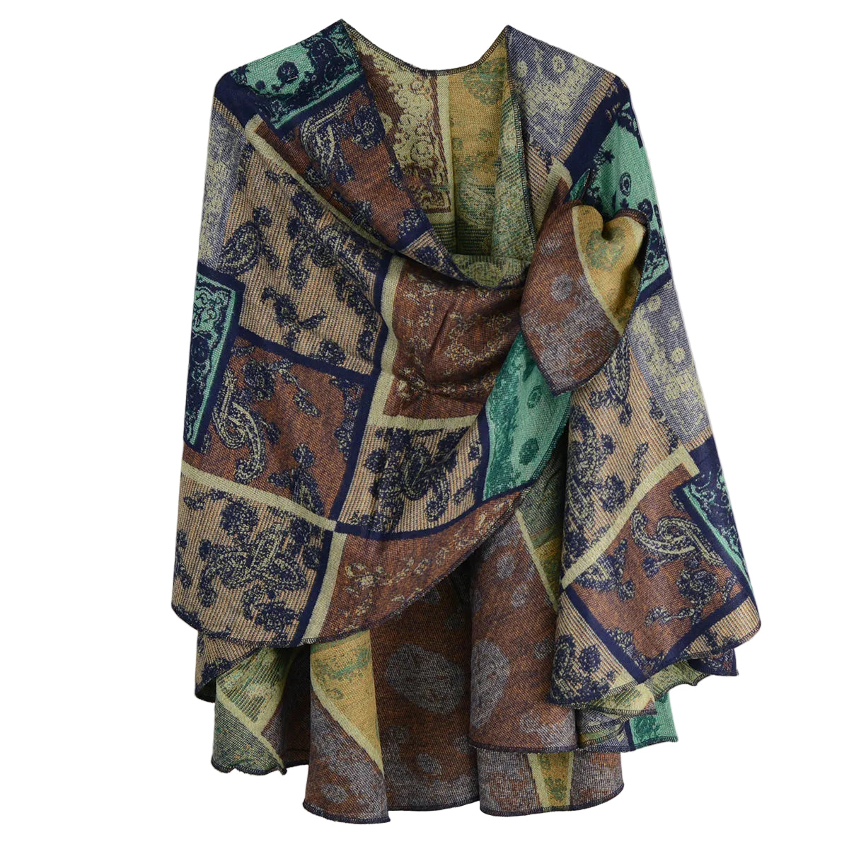 Rapti 100% Cashmere Reversible Loop Shawl (#95) ( Paisley Patchwork) (Navy Khaki Emerald)