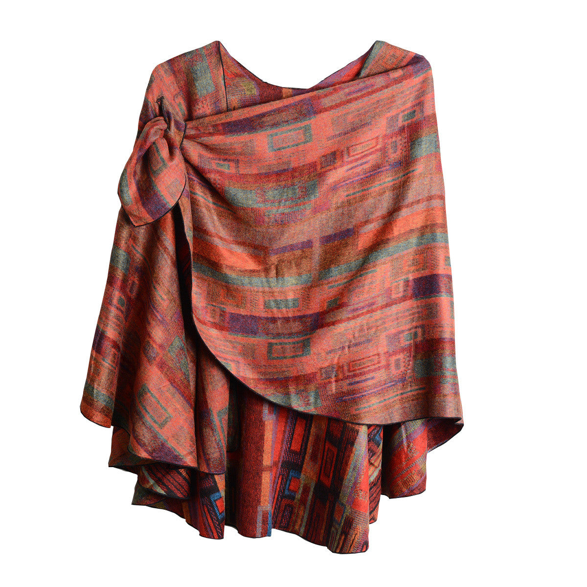 Rapti 100% Cashmere Rectangle Print Reversible Loop Shawl (#3) RED/ORNG