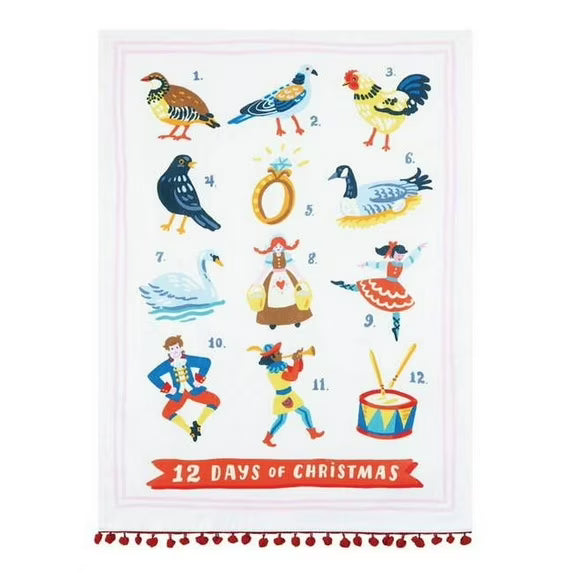 Peking Handicraft 12 Days Christmas with Pom Poms Kitchen Towel