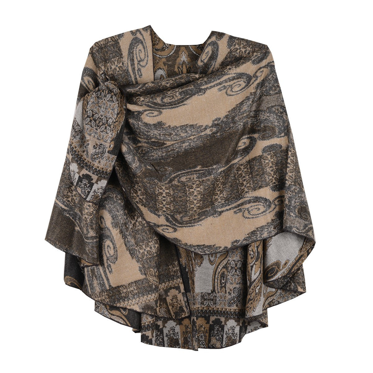 Rapti 100% Cashmere Baroque Pattern Reverse Loop Shawl #47 (BLK/TAN/GRY)