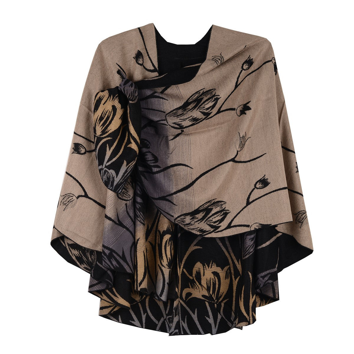 Rapti 100% Cashmere Floral Pattern Reverse Loop Shawl #50 (BLK/TAN)