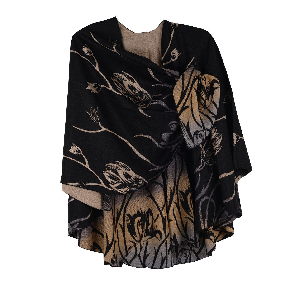 Rapti 100% Cashmere Floral Pattern Reverse Loop Shawl #50 (BLK/TAN)