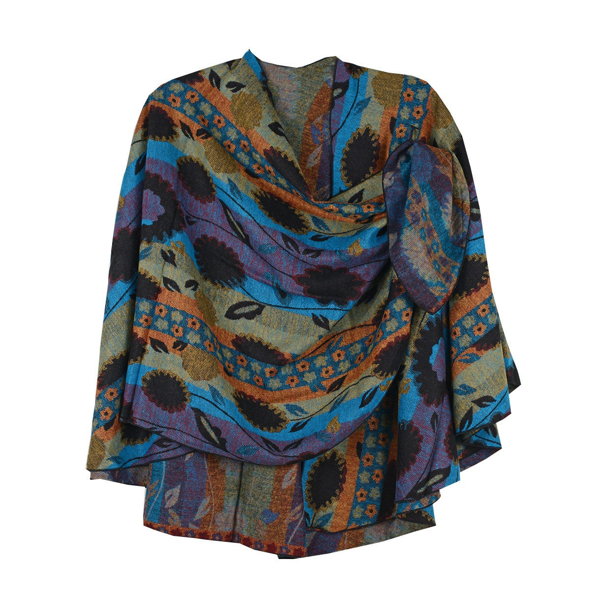 Rapti 100% Cashmere Floral/Stripe Reverse Loop Shawl (#52) BLU/PURP/ORNG/OLV