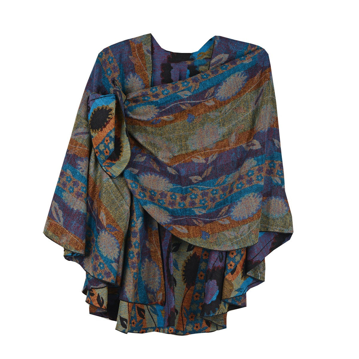 Rapti 100% Cashmere Floral/Stripe Reverse Loop Shawl (#52) BLU/PURP/ORNG/OLV