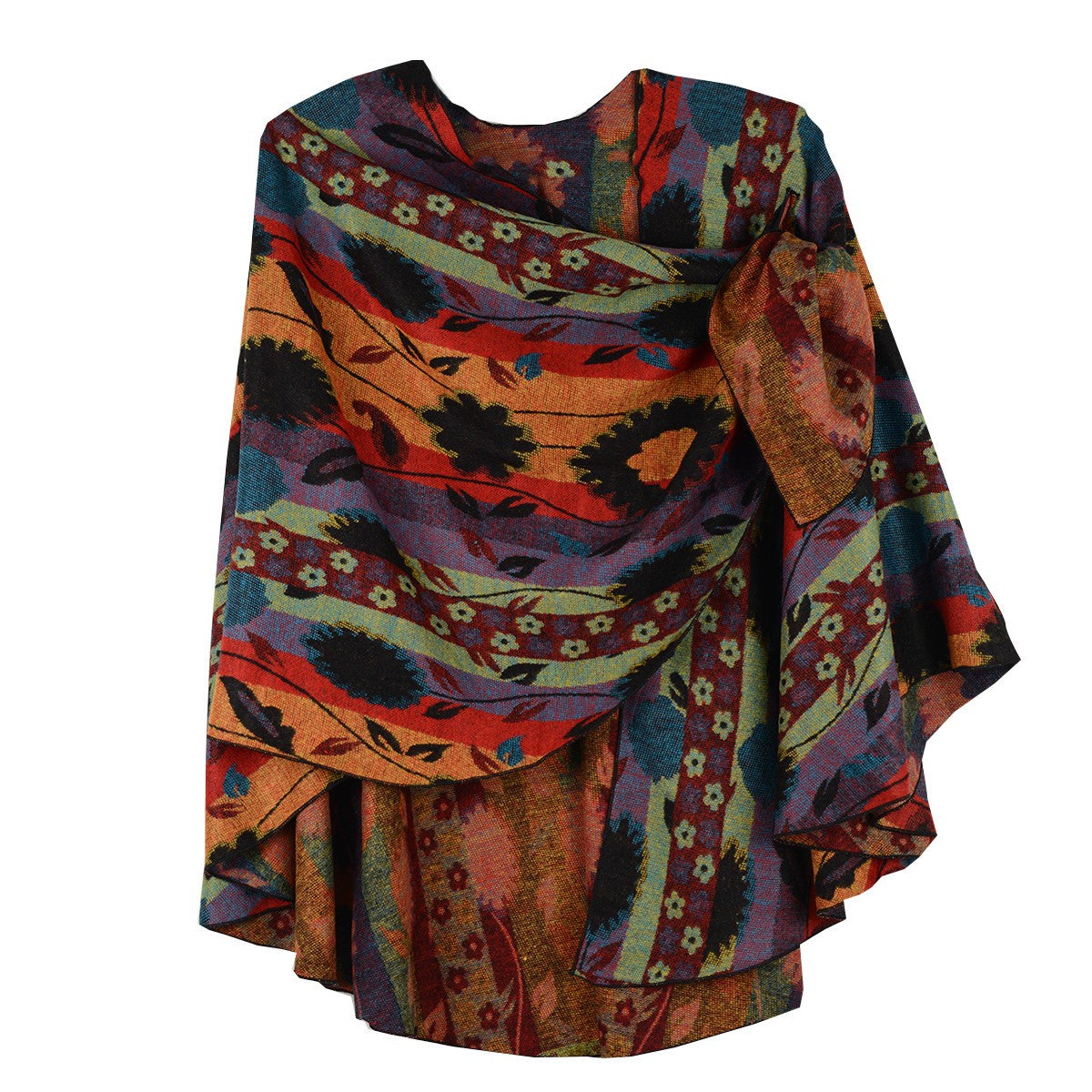Rapti 100% Cashmere Floral/Stripe Reverse Loop Shawl (#53) ORNG/RED/PURP/GRN